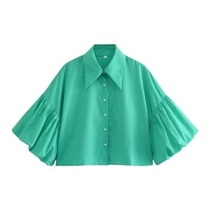 <span class=keywords><strong>Haut</strong></span> court décontracté à rayures et manches lanternes avec col boutonné pour femme – Nouvelle collection printemps - Product Image 4
