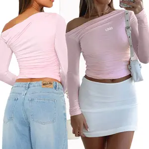 Camiseta lisa de alta qualidade para impressão de mangas compridas DIY LOGOTIPO plissado Camiseta de colheita feminina moda em branco para mulheres