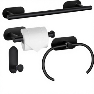 Vich – Ensemble de 4 crochets porte-serviettes muraux autocollants en acier inoxydable noir mat au design moderne – Accessoires de salle de bain - Product Image 2