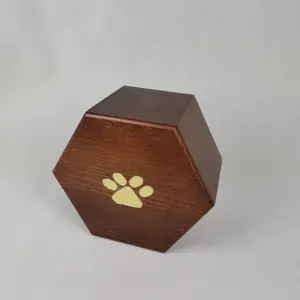 Hexagonal Wooden Carved Dog Paw Printed Urn