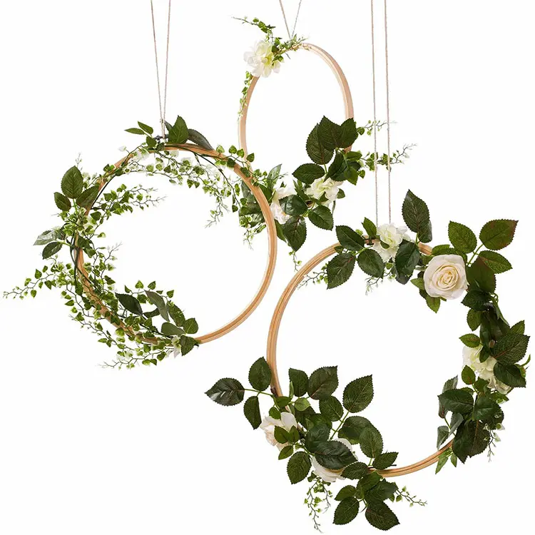 Hochzeits dekor Tee Blume Metall hängende Reifen quadratische Kränze Blumen Reifen Kranz Seide künstliche Blumen Rebe Haken Ring