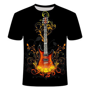 T-shirt à manches courtes à col rond avec impression par transfert thermique durable, motifs crânes, instruments de musique rock, guitare, orchestre, design de salle de sport - Product Image 3