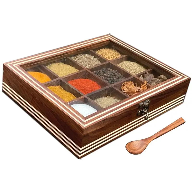 Caja de hierbas de especias artesanía de madera condimento masala caja de almacenamiento especias con cuchara de 12 compartimentos para mesa de cocina