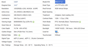 Proveedor de Fábrica, Módulo LCD TFT MNE007QS3-1 de 14 Pulgadas, Resolución 1920X1200, 161 PPI, Brillo de 300 con LED en CN - Product Image 3