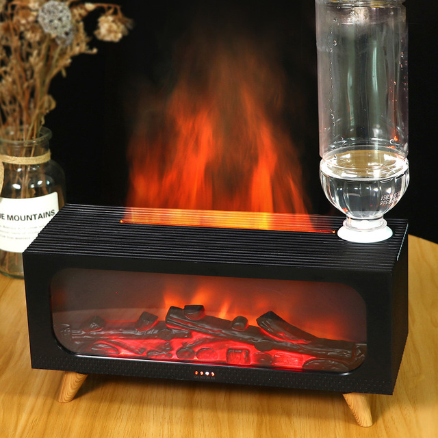 Electric Portable Wood Grain Fireplace Flame Aroma Diffuser Humidifier Large-Capacity 3D Flame Simulation