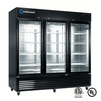 Réfrigérateur commercial vertical de luxe pour cuisine, en acier inoxydable noir, avec porte vitrée battante, facile à nettoyer, 3 portes.