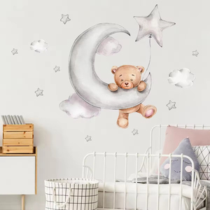 Adesivi Murali in PVC con Luna Cartoon e Orso Dormiente, Decorazioni con Nuvole e Stelle per Camerette e Asili, Arte Murale Rimovibile Fai-da-Te - Product Image 4