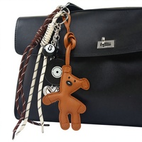 Nouveau porte-clés et breloque de sac en PU semi-fait main, motif dessin animé Mr Bean et ours en peluche, style Miu, avec ornement en cordon tressé noir à huit brins