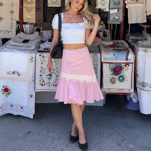 French Luxury Lace <b>Patchwork</b> Mini <b>Skirt</b> High Waist Asymmetrical Ruffle Hem Pink Sweet <b>Skirt</b> Women - Product Image 2