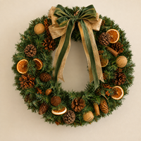 Guirlande artificielle en PVC style ferme, vert foncé, avec nœud en velours, tranches d'orange séchées et bâtonnets de cannelle, assemblée à la main, pour la Saint-Valentin et Pâques