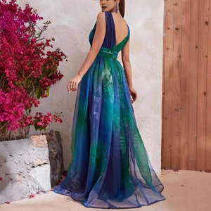 Vestido de Noche para Mujer, Escote en V Profundo, Espalda Descubierta, Estampado, Chifón, Maxi, Cintura Imperio, Verde, Poliéster, Largo, para Fiesta - Product Image 4