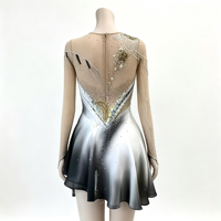 Robe de patinage artistique dégradé noir et blanc, ornée de strass étincelants, en maille, à manches longues, pour enfants et adultes, pour compétition et spectacle