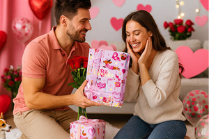 Pink aluminum coated Valentines Day gift <b>wrapping</b> <b>paper</b> with cute puppy and heart pattern design Colorful printing customizable - Product Image 5