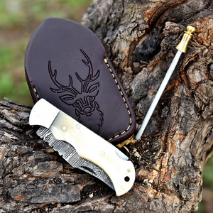 Cuchillo de bolsillo plegable de acero de Damasco hecho a mano personalizado con mango de madera y cuerno de alta calidad con soporte OEM de funda - Product Image 1