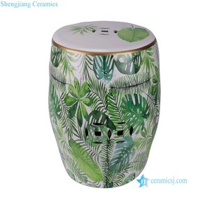Tabouret de tambour de jardin en céramique à motif de grandes feuilles vert pastel RYYL18-C - Product Image 3