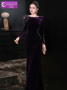 FMY Abito in <span class=keywords><strong>velluto</strong></span> rosso e viola con perline per donna, <span class=keywords><strong>maniche</strong></span> <span class=keywords><strong>lunghe</strong></span>, elegante autunno e inverno, abito da banchetto e da festa 66584 - Product Image 3