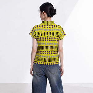 T-shirt plissé en mousseline de soie à pois jaunes pour femme, style vintage décontracté d'été, à manches courtes, fin, très élastique, respirant et infroissable - Product Image 5