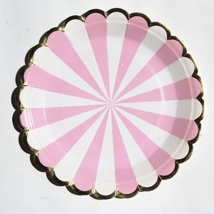 Assiettes en papier à bords festonnés dorés, fabricants de petits plats jetables, rayés, couleur <span class=keywords><strong>pastel</strong></span>, fournitures de décoration de fête - Product Image 3