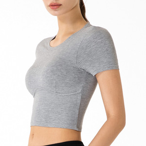 Wholesale Solid Color Women's Spring and Summer Short-sleeved T-Shirt Short Slim Sports Running Yoga <strong>Top</strong> <strong>Ladies</strong> Gym <strong>Top</strong> - Product Image 4