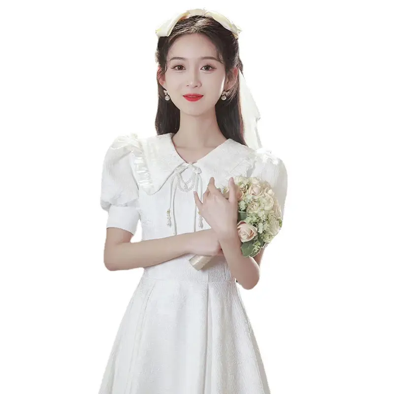 NNR elegante puff manga gola virada para baixo meio longo branco doce vestido 18 aniversário vestido de festa para a menina
