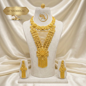 African <b>Bridal</b> Layered 18K Gold Plated Statement Necklace Set With Tassel Earrings & ring For Women's Fashion - Product Image 1