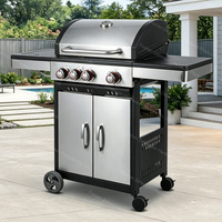 Barbecue à gaz sur chariot en acier inoxydable 3+1 brûleurs, grille en fonte, brûleur latéral, thermomètre, armoire, 4 roues pour jardin et cour