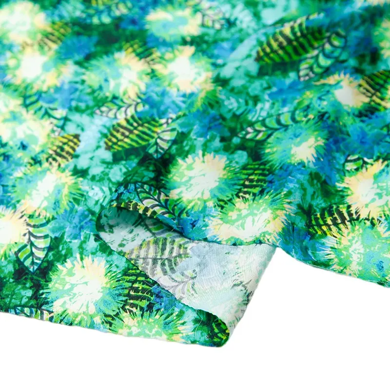 Most Popular Pure Silk Satin Fabric Green Floral Design Customized for Garments