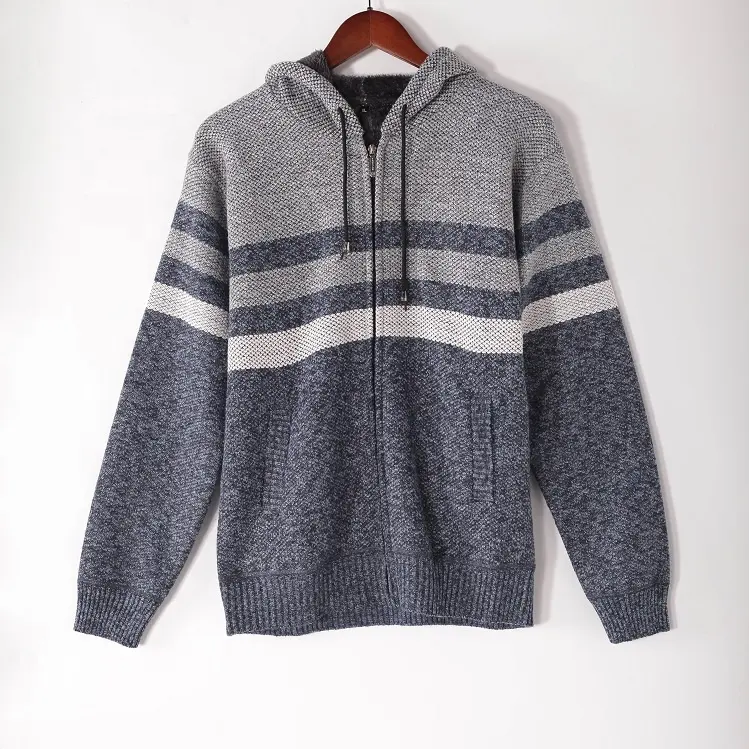 Wholesale knitted grey cardigan with hoodie   with stripes customized colors   pockets with zip