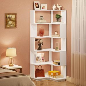 Modern 6Tier <strong>White</strong> Wood <strong>Corner</strong> <strong>Shelf</strong> <strong>Unit</strong> for Living Room Kitchen Storage and Display Organization - Product Image 1