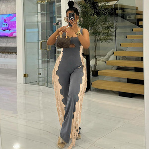 Combinaison sans manches pour femme avec découpes, couleur contrastante, franges et jambes larges, personnalisable - Product Image 3