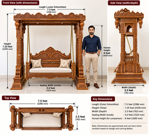 Balançoire Mandap Jhula en bois artisanale, traditionnelle indienne, suspendue, avec un design sculpté complexe, mobilier d'extérieur, pour 3 personnes, en tissu - Product Image 3