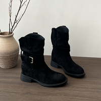 Bottes mi-mollet souples pour femmes, talon compensé dissimulé, en daim avec bride à boucle, style western à découpe en V, 3 couleurs.