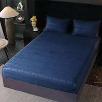 Parure de lit de luxe 3 pièces en jacquard gaufré bleu marine avec motif losanges, drap-housse doux pour matelas King/Queen US, protège-matelas