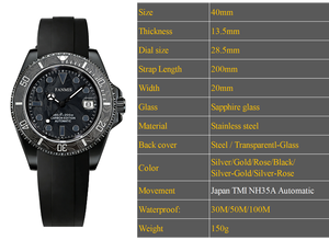 Reloj de Lujo de Fibra de Carbono Negra para Hombre, Movimiento Automático, Correa de Silicona, Resistente al Agua, Estilo Buceo, OEM - Product Image 3
