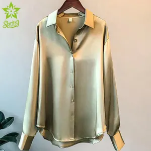 Free Sample OEM/ODM Vintage Women Satin Shirt Blouses Tops Turn Down Collar Long Sleeve Button Blusa Para Mujer Trending Loose