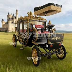 Charrette électrique noire royale avec ornements dorés et toit en forme de couronne pour défilé de mariage - Product Image 6
