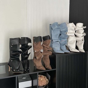 Bottes en jean plissées à talon haut avec boucle Willow, à porter de deux façons, pour femme, style personnalité et mode 'Hot Girl' - Product Image 2