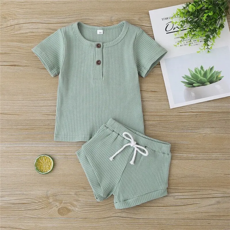 Детская летняя одежда, вязаные хлопковые шорты, повседневный комплект из двух предметов с коротким рукавом, футболка в рубчик, однотонная одежда для малышей