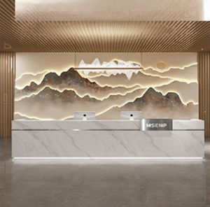 Premium Soft Luxury Front Reception <b>Desk</b> Delicate Baking Paint Surface Streamlined Arc Design Customized Layout Service Counter - Product Image 1
