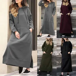 Hot Sale Winter Ladies Split Maxi Sweatshirt Dress Plus Size Oversized Women Blank Long Kangaroo Pocket Hooded Hoodie Dresses