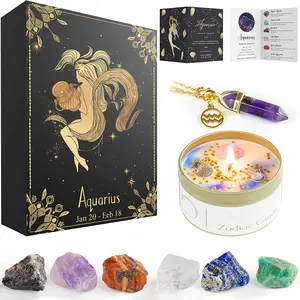 Хрустальная коробка со знаками Зодиака, Ароматизированная свеча, драгоценный камень, Знак Гороскопа, подвеска в виде ведра, кристаллы чакры, лечебные камни, подарочный набор