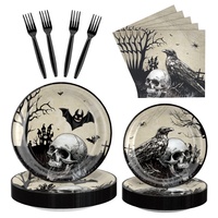 Ensemble de vaisselle jetable en bois Joyeux Anniversaire, design moderne tête de mort noire, vaisselle de fête très vendue, assiettes, gobelets, serviettes