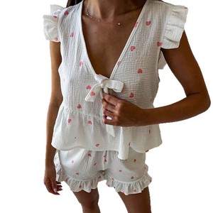 Ensemble de pyjama en coton personnalisé pour femmes, haut à manches courtes et short, doux, respirant, confortable, vêtements de détente printemps-été - Product Image 5