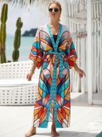 Dames Boheemse kimono met print, open voorkant, lange strandjurk, zomerzwemkleding, strandjurk voor strandvakantie, resortkleding