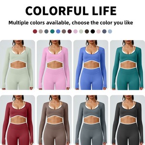 Haut de yoga sans coutures à blocs de couleur pour femme, manches longues, dos en U, séchage rapide, en Spandex, pour la course, le fitness et la gym - Product Image 6