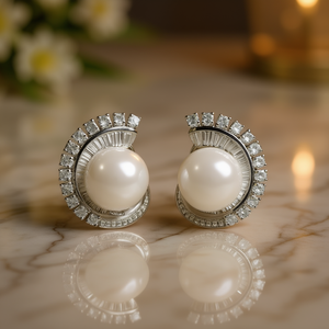 Orecchini di perle Koilan in oro bianco con diamanti taglio principessa, stile classico da donna per matrimonio - Product Image 2