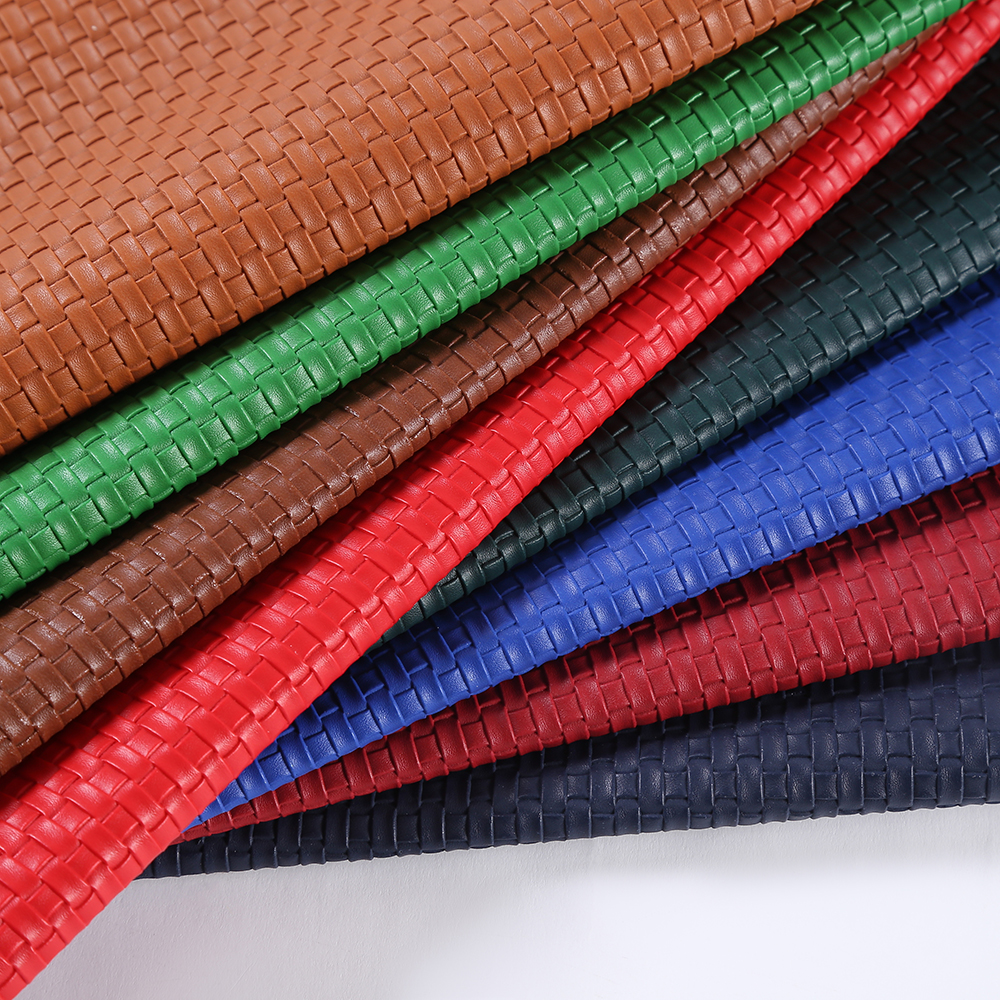 1.0 Thick PVC Embossed Woven Synthetic Leather Fabric Small Woven Leather for Handbags Shoes Straw Mat Pattern Brushed Bottom