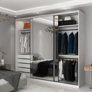 Garde-robe moderne avec portes miroir: zones de rangement intégrées, espaces de suspension ouverts, tiroirs, <span class=keywords><strong>dressing</strong></span> organisé - Product Image 1
