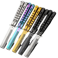 Outils de coiffure de marque privée OEM peigne à barbe de poche en acier inoxydable couteau papillon pliant peigne de coiffure