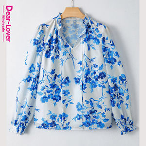 Camicette alla moda da donna a manica lunga stampa floreale a righe con scollo a V da donna - Product Image 1